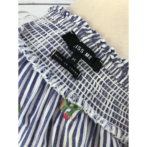 Miss Me‎ Off the Shoulder Denim Blouse Medium Embroidered Sexy Top Striped Shirt - Picture 4 of 8